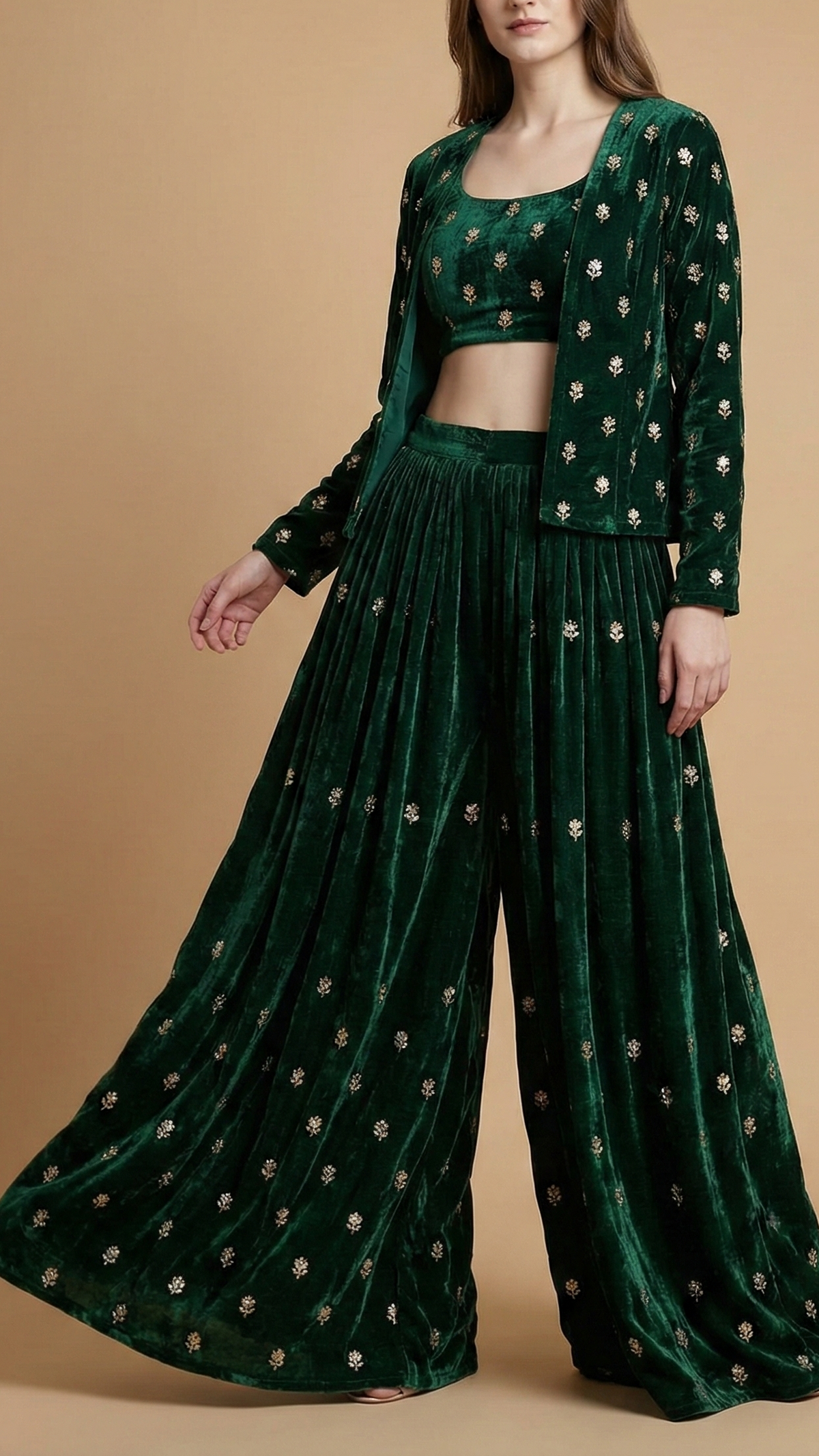 Bottle Green Velvet Fabric With All Over Buti Of Katdana, Sequins And Zari 20601