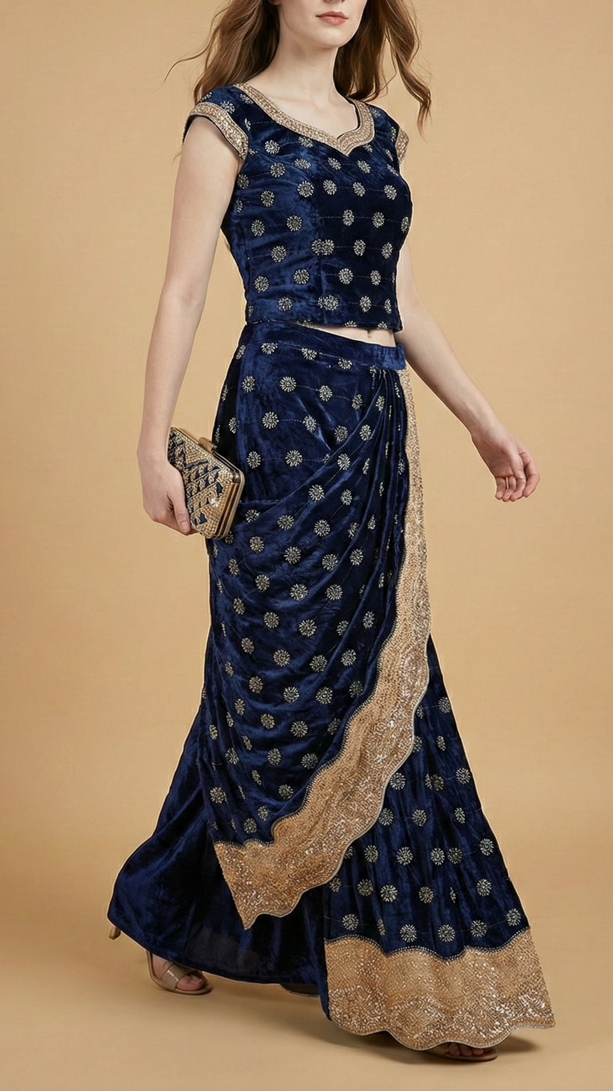 Navy Blue Velvet Fabric With All Over Buti Of Katdana And Bead With One Side Border 20625