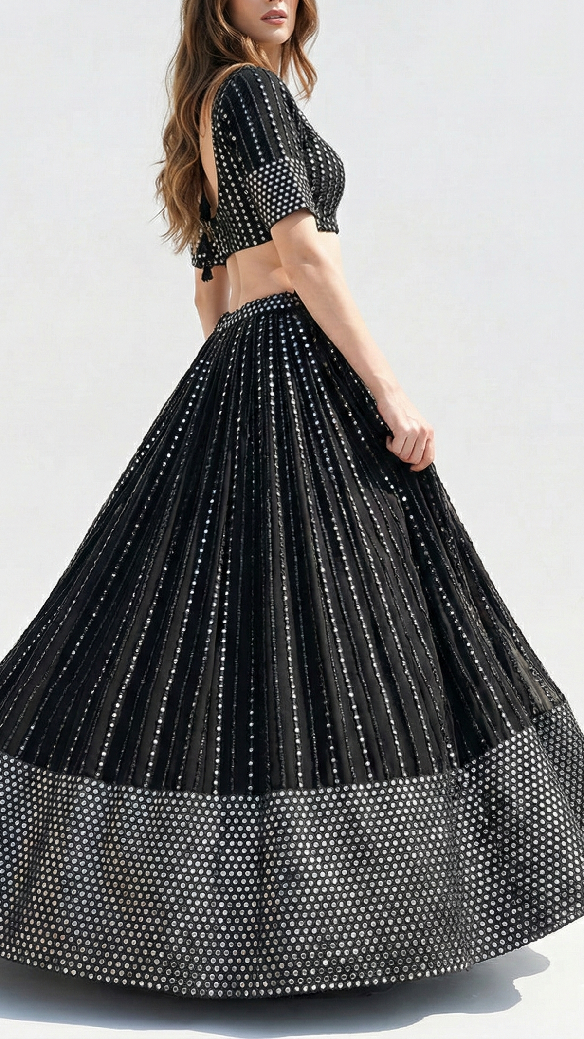 Black Imported Net Fabric With All Over Laser Cutwork And One Side Border 21024