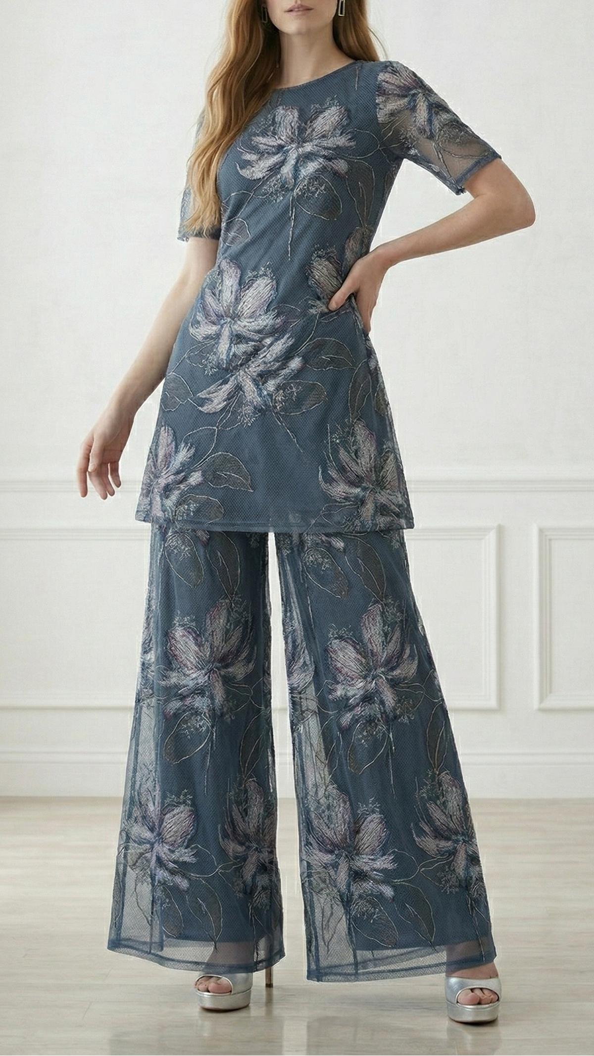 Blue Imported Net Fabric With All Over Floral Thread Work 21974