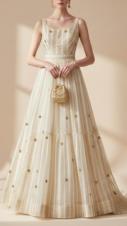 The Noor - White Organza Tissue Fabric With Buti of Sequins and Beads | 12214