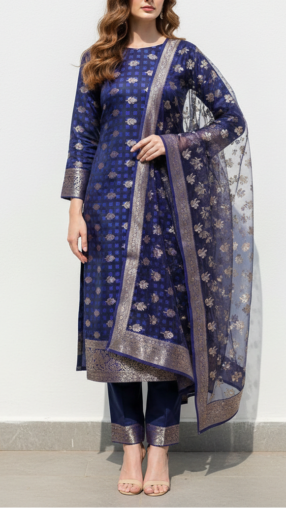 Navy Blue Banarasi Brocade Fabric With All Over Thread And Zari Handloom 21358