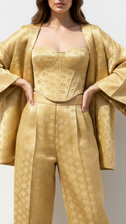 Golden Banarasi Brocade Fabric With All Over Golden Zari Handloom 20147
