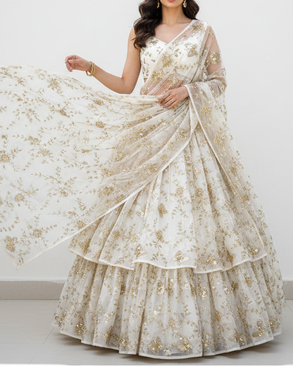 White Dyeable Crepe Fabric With All Over Sequins, Beads, Zari And Katdana Work 21570