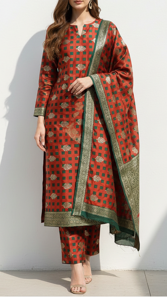 Deep Red Banarasi Brocade Fabric With All Over Thread And Zari Handloom 21355