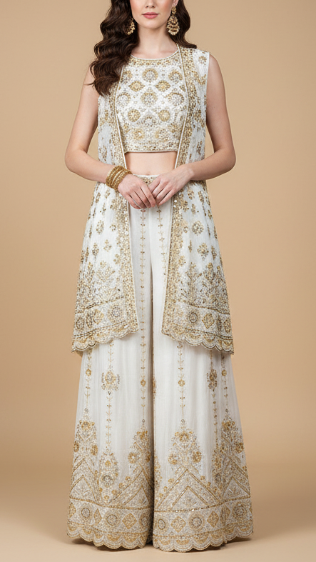 White Dyeable Crepe Fabric With All Over Katdana, Bead, Sequins And Zari Work With One Side Border 19017
