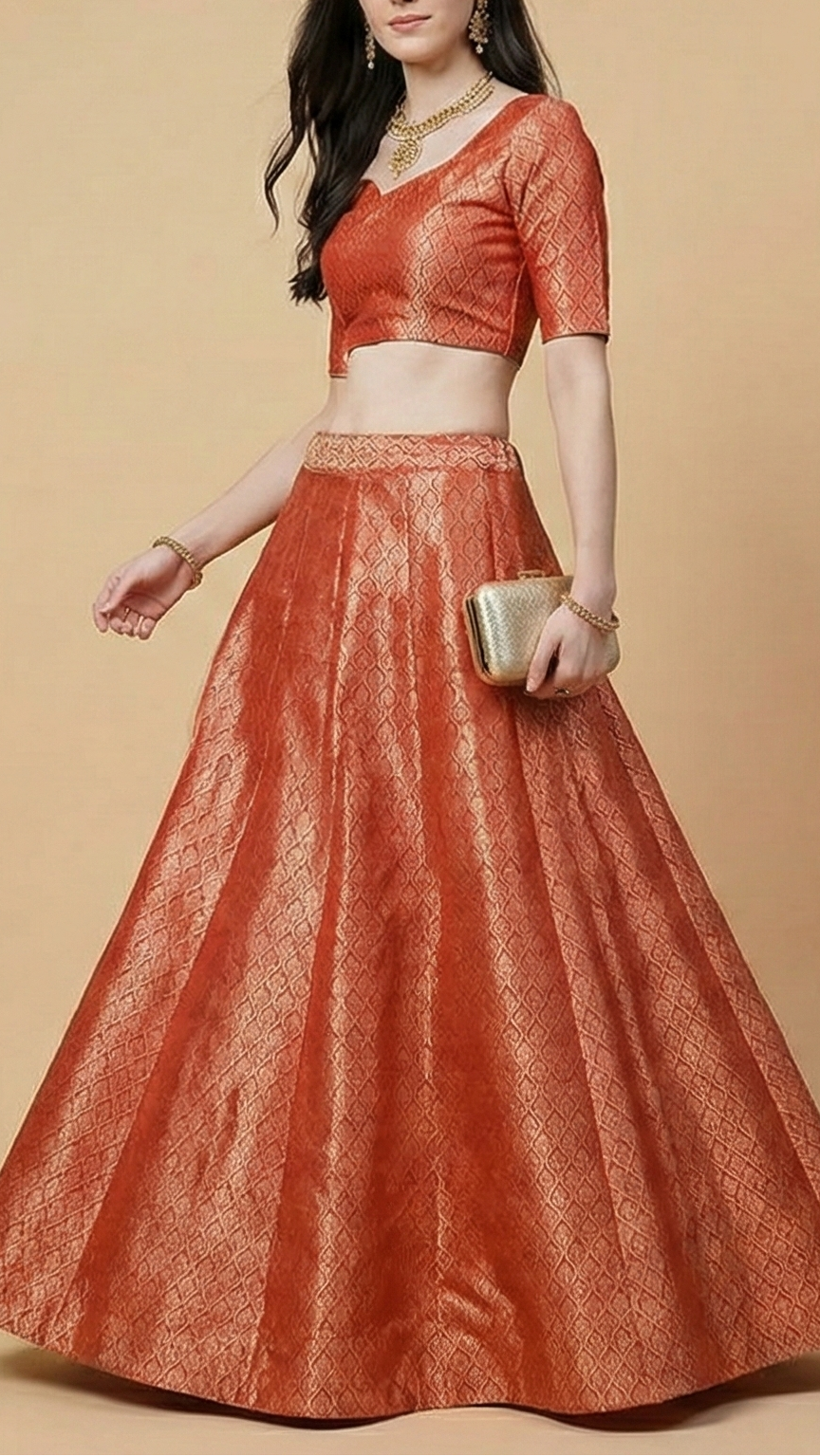 Red Banarasi Brocade Fabric With Golden Zari Handloom 20197