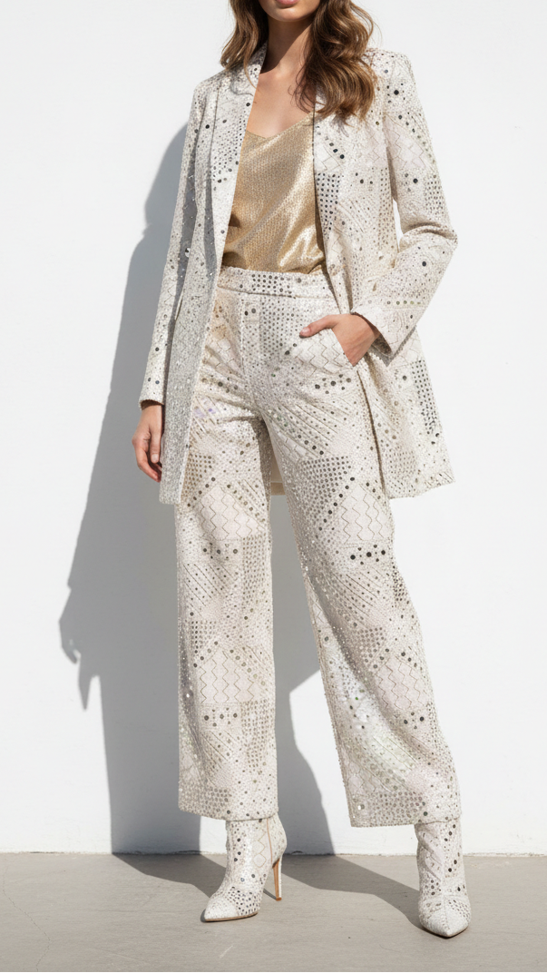 White Dyeable Georgette Fabric With All Over Zari, Faux Mirror And Sequins Work 21482