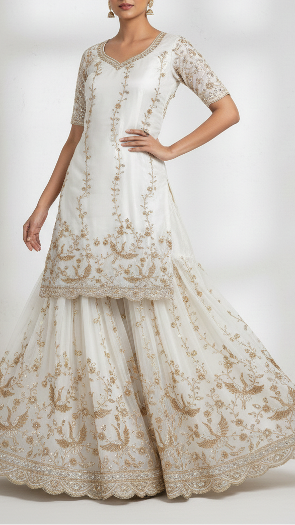 White Dyeable Georgette Fabric With All Over Katdana, Zari, Sequins And Bead Work With One Side Border 20425