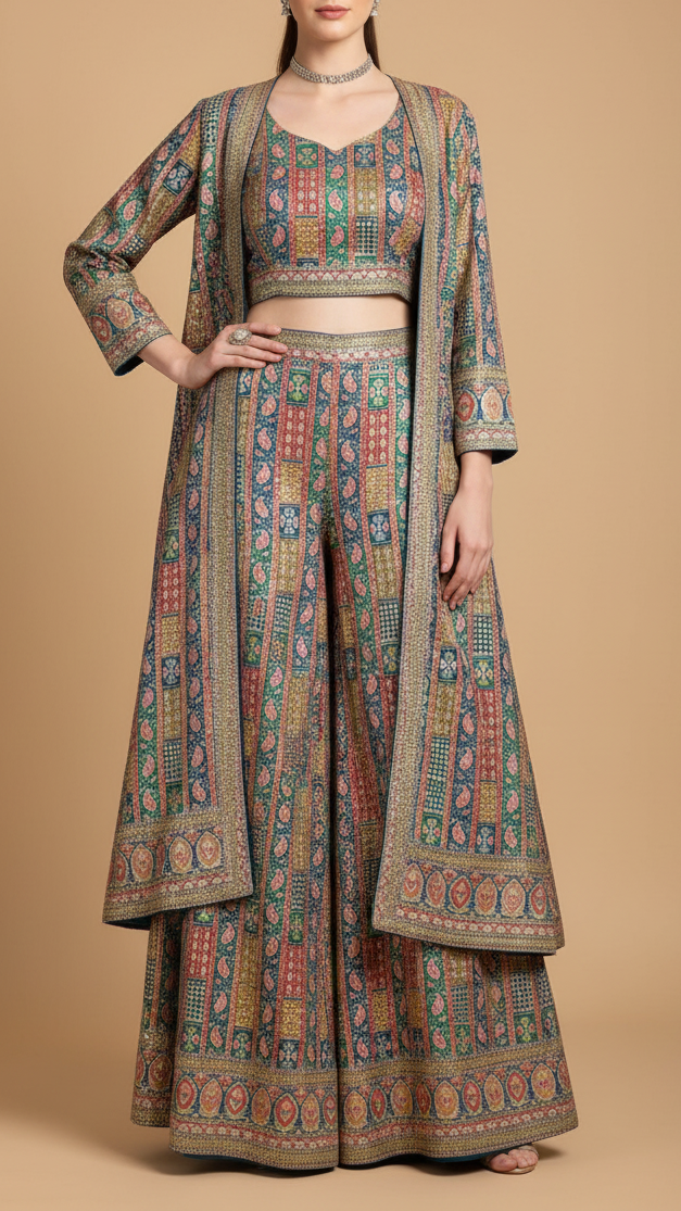 Teal Blue Crepe Fabric with Allover Traditional Print and Sequins Zari Work with One-Side Border 19765