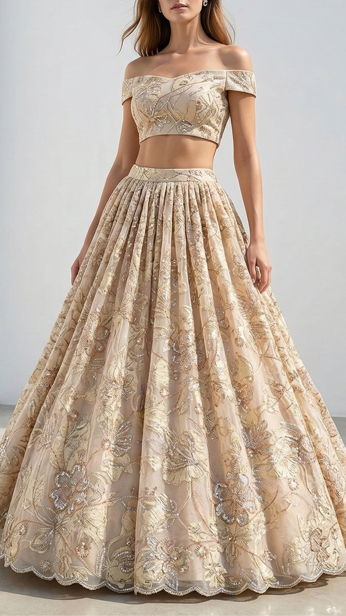 White Organza Fabric With All Over Katdana, Bead And Sequins Work & Lemon Foil Work Flowers 22139