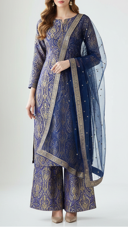 Dark Blue Banarasi Brocade Fabric With All Over Golden Zari Handloom 21849