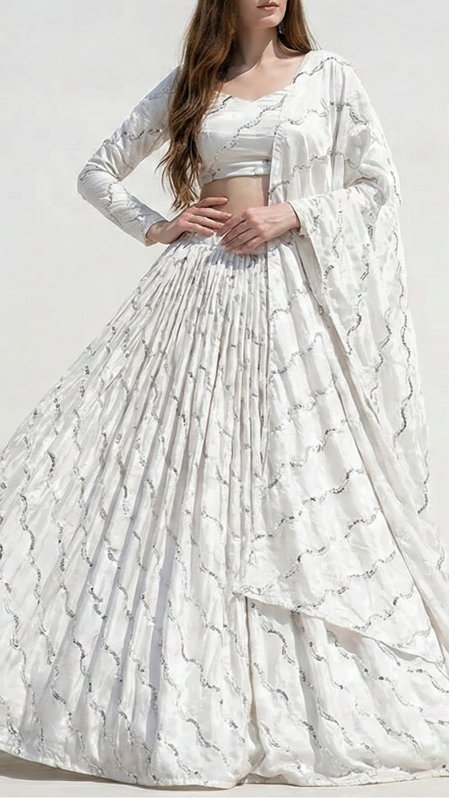 White Dyeable Crepe Fabric with Allover Strips of Silver Katdana, Sequins and Bead Work 21076