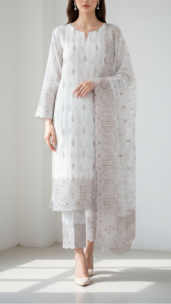 White Dyeable Georgette Fabric With All Over Katdana, Sequins, Zari And One Side Net Cutwork Border 19002