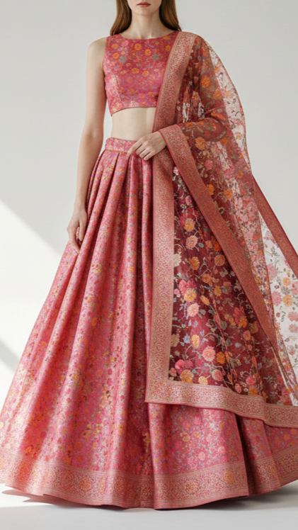Baby Pink Banarasi Brocade Fabric With All Over Thread And Zari Handloom 21254