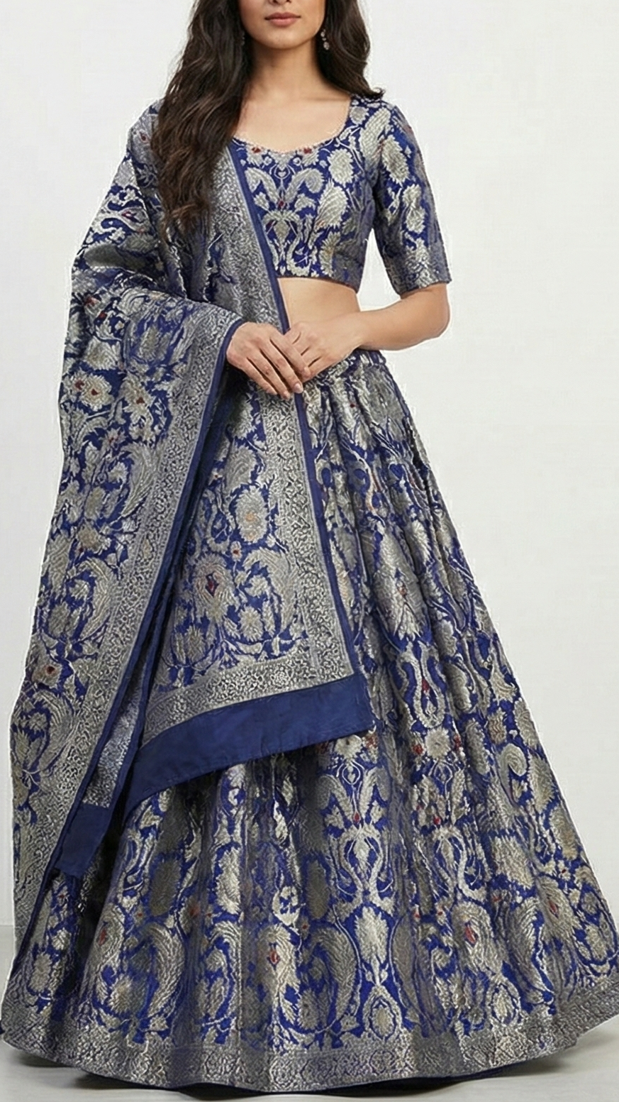 Navy Blue Pure Banarasi Brocade Fabric With All Over Thread And Zari Handloom 20780
