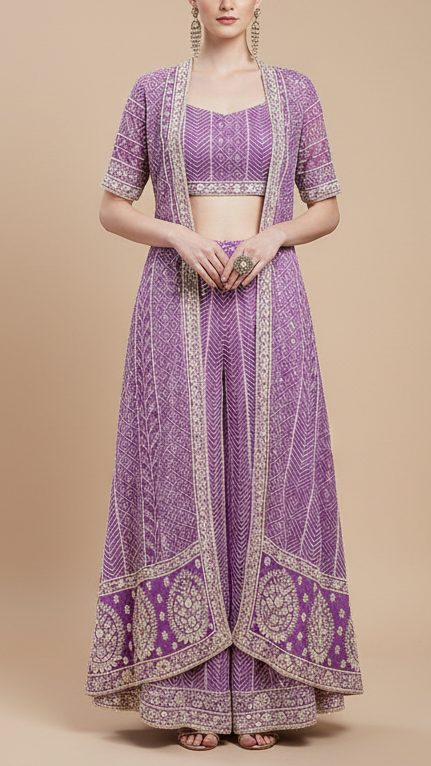 Lavender Georgette Fabric With All Over Thread, Sequins And Bead Work With One Side Border 19171