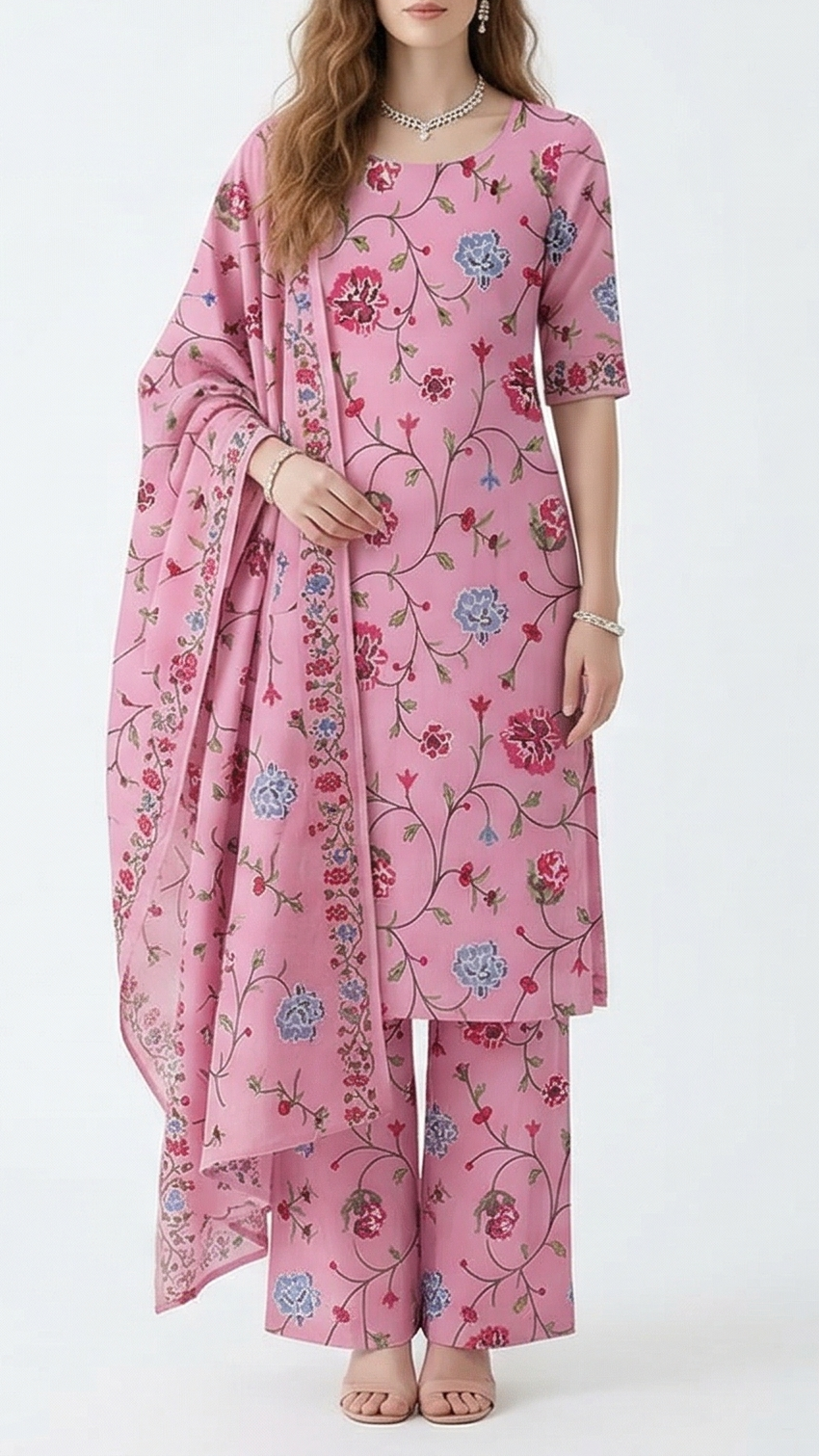 Pink Chanderi Fabric With All Over Multi Color Thread Work 22495