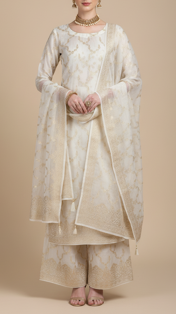 Light Golden Banarasi Tissue Fabric with Allover Golden Zari Handloom and One-Side Border 19697