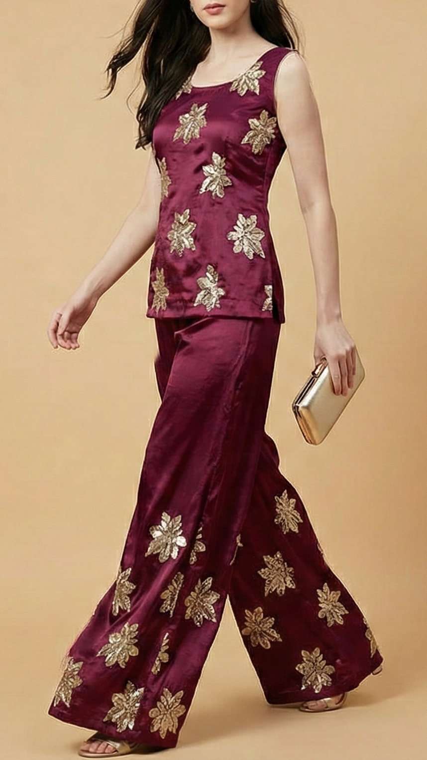 Wine Silk Fabric With All Over Sequins, Bead And Katdana Work 20916