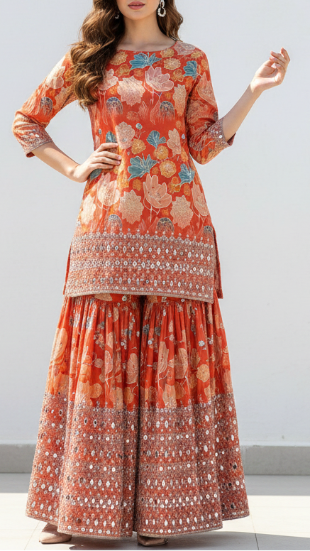 Rust Tissue Fabric With All Over Floral Print And One Side Bead, Sequins, Zari And Faux Mirror Border 20305