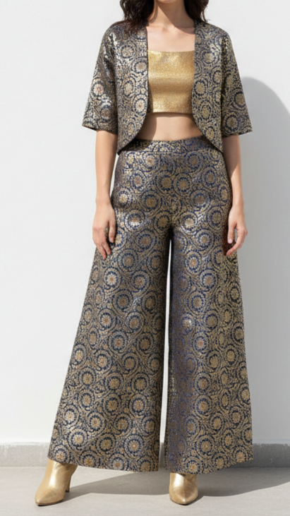 Navy Blue Banarasi Brocade Fabric With All Over Thread And Zari Handloom 20944
