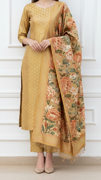 Golden Banarasi Brocade Fabric With All Over Golden Zari Handloom 20147
