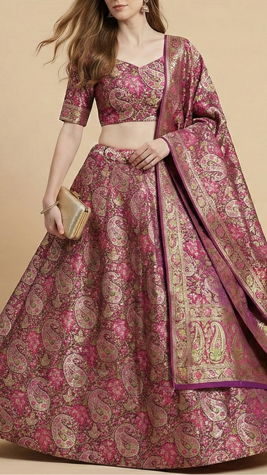 Purple Banarasi Brocade Fabric With All Over Thread And Golden Zari Handloom 19277