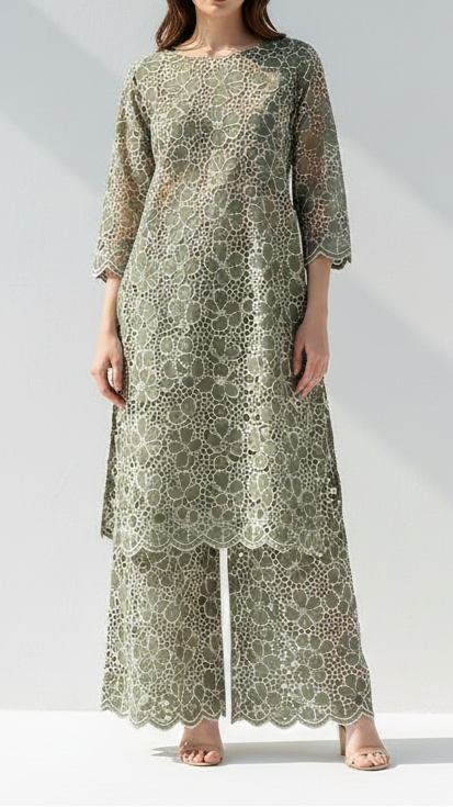 Olive Green Cotton Fabric With All Over Thread And Cutwork With Scalloped Edges 21887