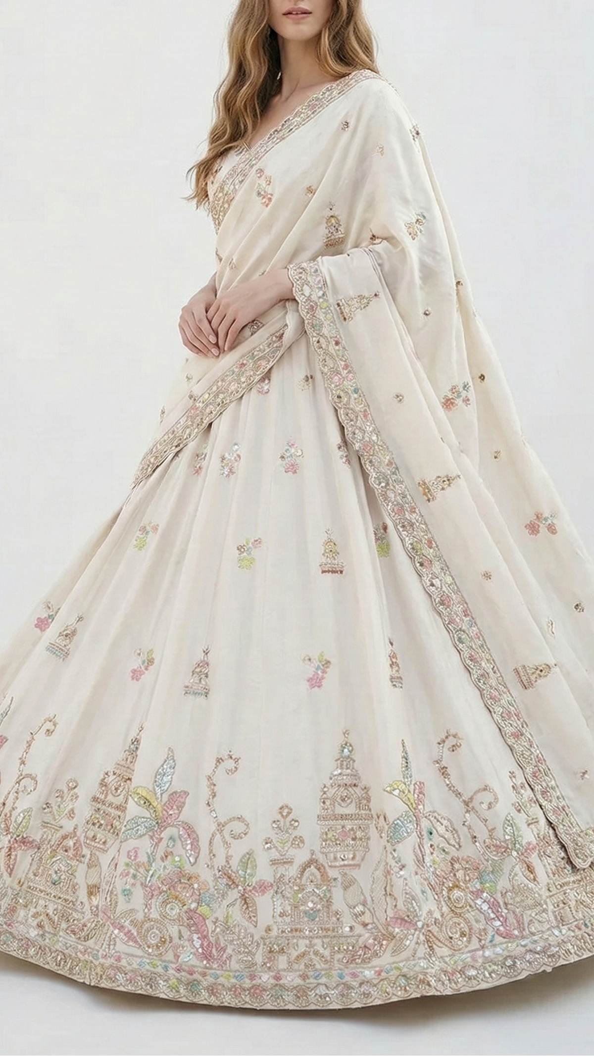White Dyeable Crepe Fabric With All Over Buti Of Sequins And Katdana Work With One Side Heavy Border 21192