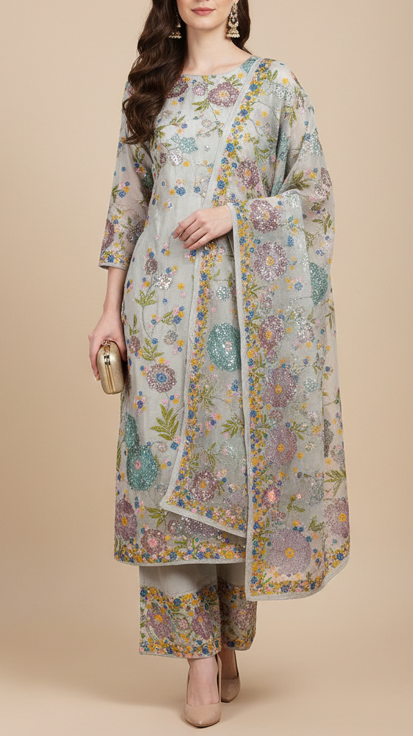 Grey Crepe Fabric With All Over Thread, Zari And Sequins With One Side Border 20373