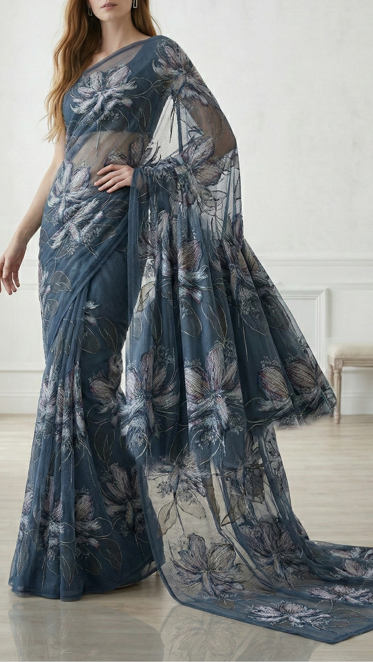 Blue Imported Net Fabric With All Over Floral Thread Work 21974