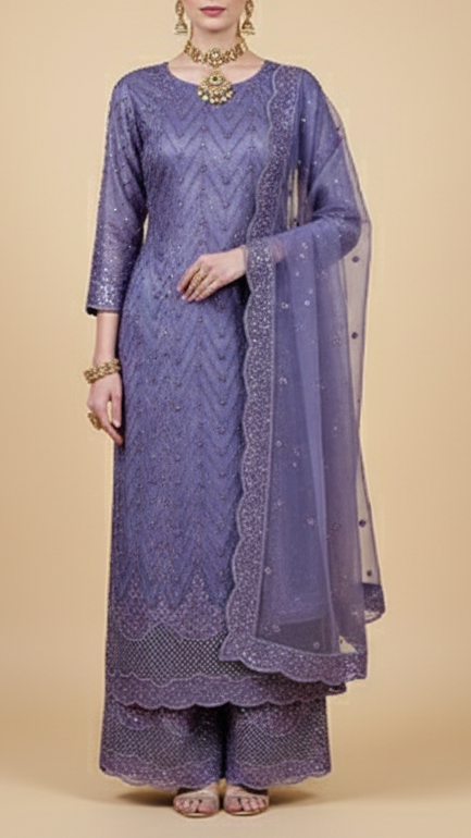 Lavender Imported Organza Satin Fabric With All Over Katdana, Bead And Sequins Work With One Side Cutwork and Scalloped Border 15514