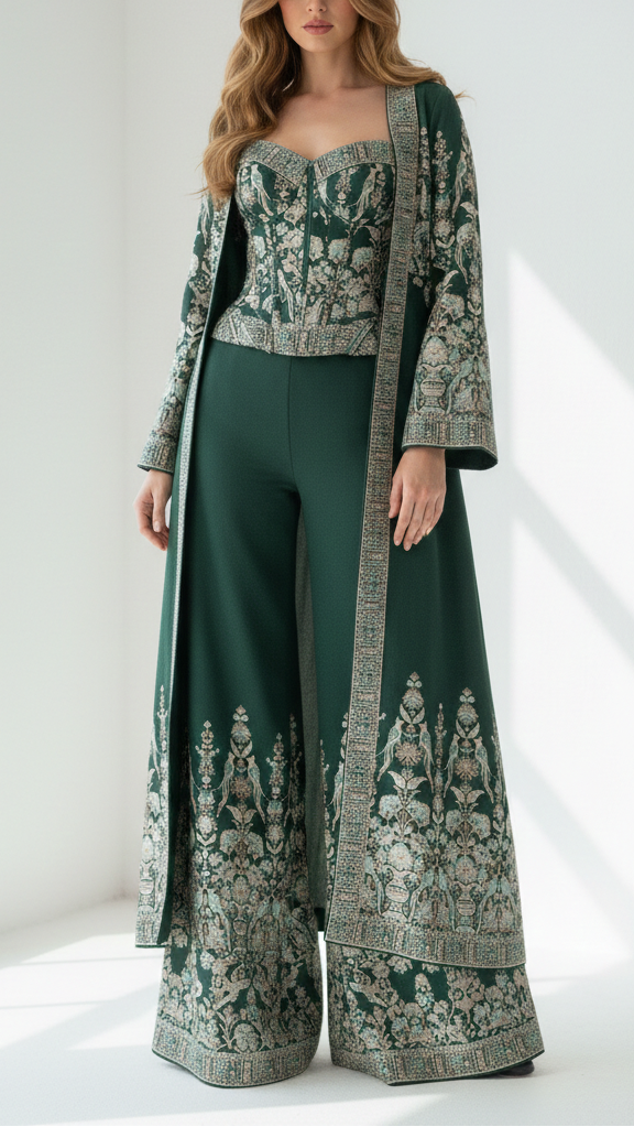 Bottle Green Georgette Fabric With Allover Sequins And Thread Work With One Side Heavy Border 16188