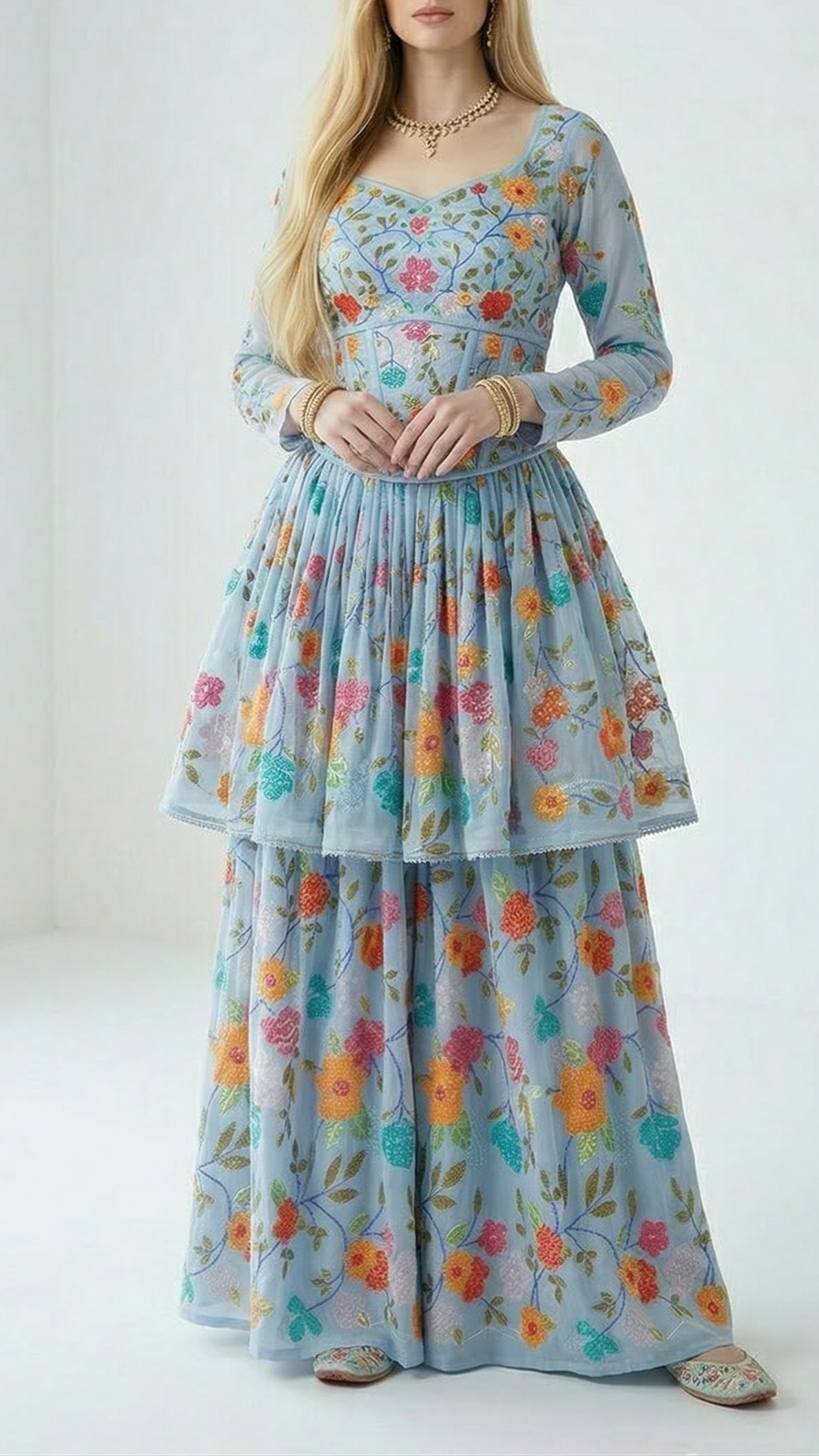 Blue Muslin Fabric With All Over Sequins And Thread Work 22486