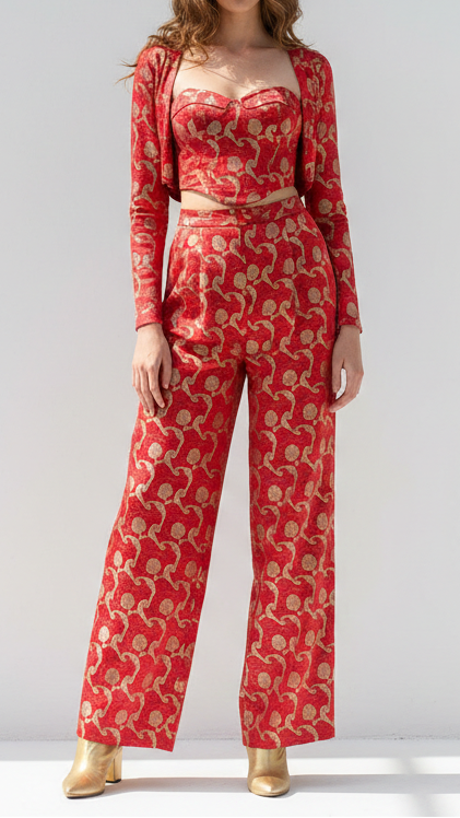 Red Banarasi Brocade Fabric With All Over Thread And Zari Handloom 21275