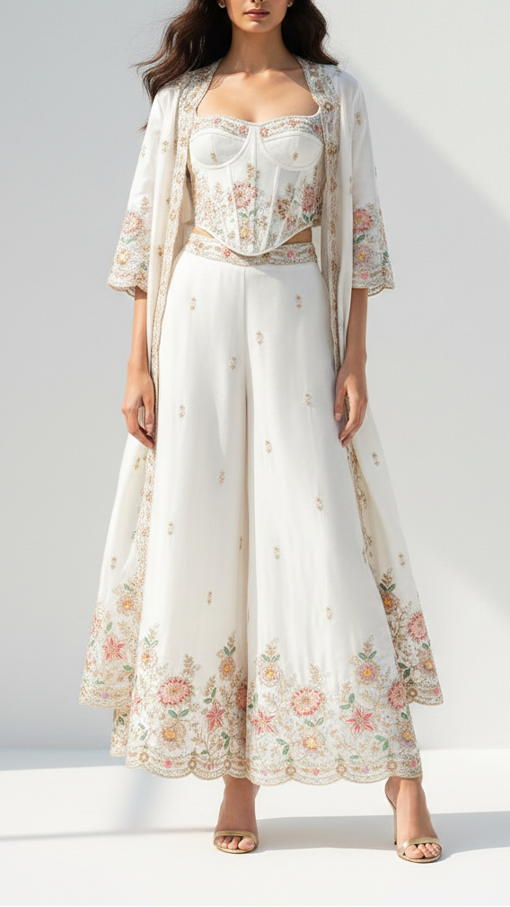 White Dyeable Crepe Fabric With All Over Buti Of Katdana, Bead And Sequins Work With One Side Scalloped Border 21719