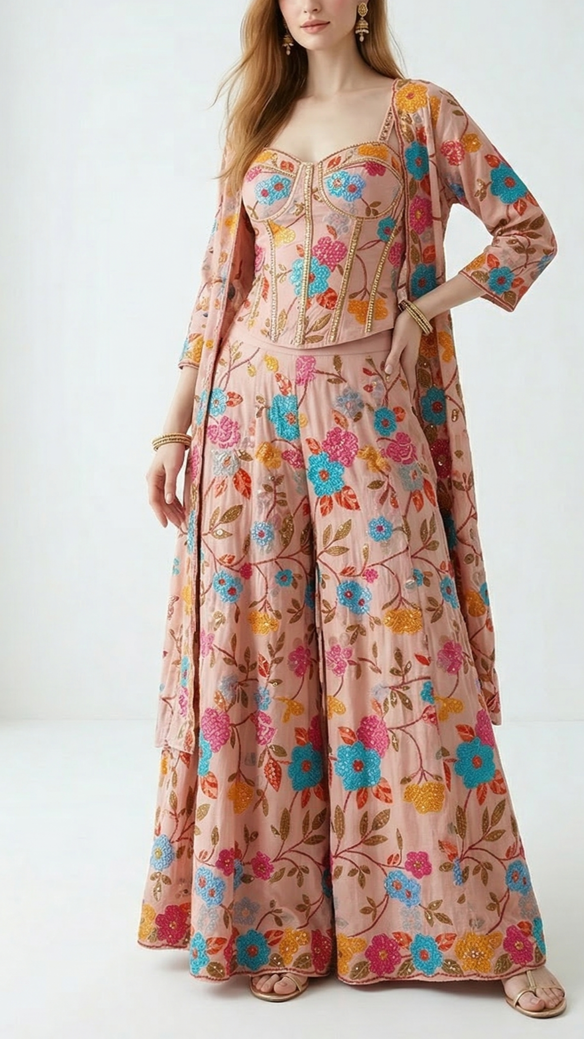 Peach Muslin Fabric With All Over Sequins And Thread Work 22484