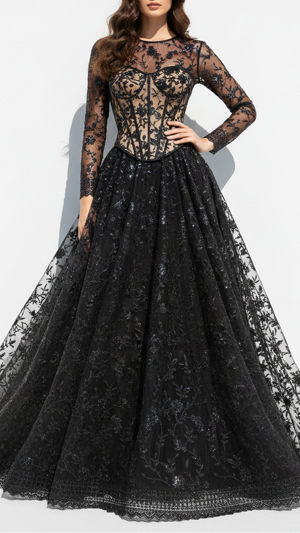 Black Imported Net Fabric With All Over Katdana, Bead And Sequins Work With One Side Scalloped Border 22036