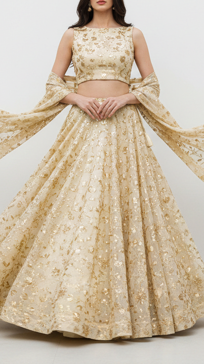 Golden Dyeable Tissue Fabric with Allover Zari and Sequins Work 21088