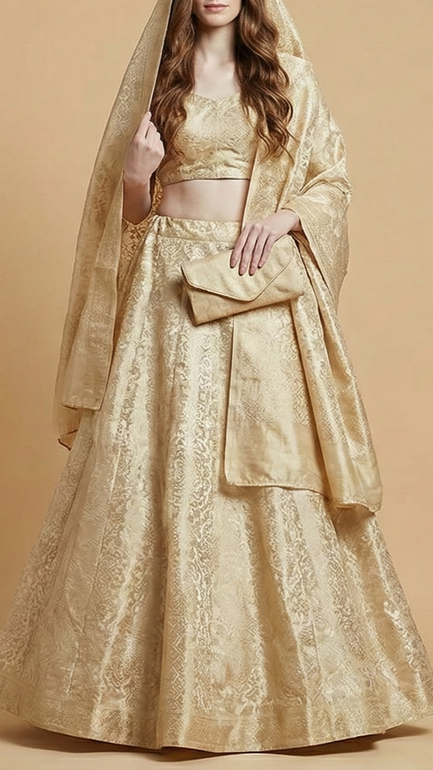 Light Golden Tissue Fabric With All Over Self Work 20398