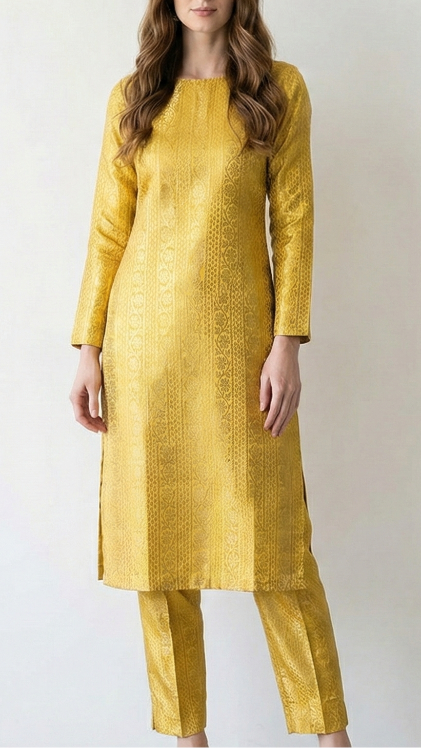 Mustard Banarasi Brocade Fabric With Allover Golden Zari Handloom 21149