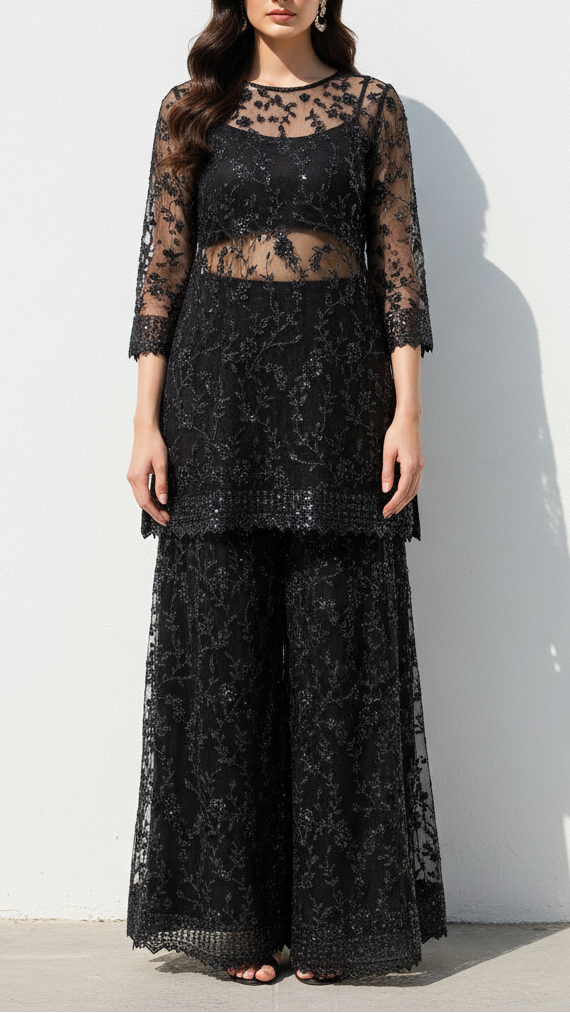 Black Imported Net Fabric With All Over Katdana, Bead And Sequins Work With One Side Scalloped Border 22036