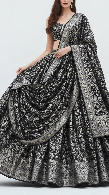 Black Banarasi Brocade Fabric With All Over Zari Handloom 21914