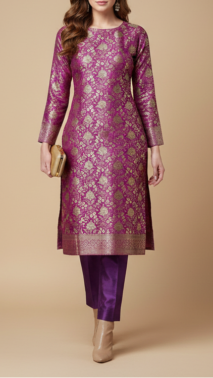 Purple Banarasi Brocade Fabric With All Over Thread And Zari Handloom 20187