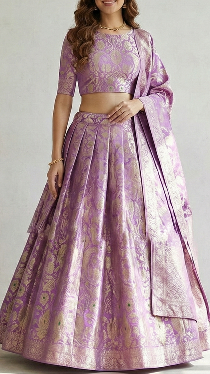 Lavender Pure Banarasi Brocade Fabric With All Over Thread And Zari Handloom 20788