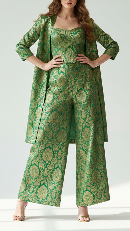 Bottle Green Banarasi Brocade Fabric With All Over Golden Zari Handloom 21751