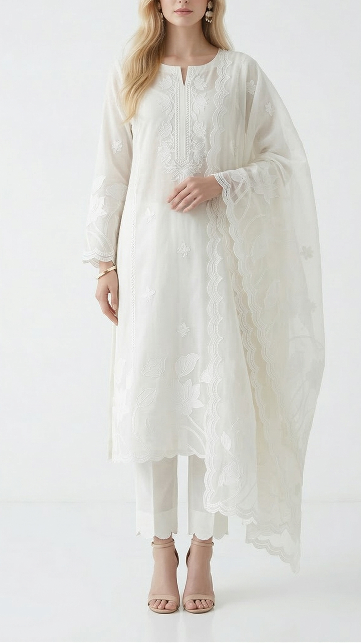 White Dyeable Kora Cotton Fabric With Allover Thread And Patch Work With One Side Scalloped Border 22156
