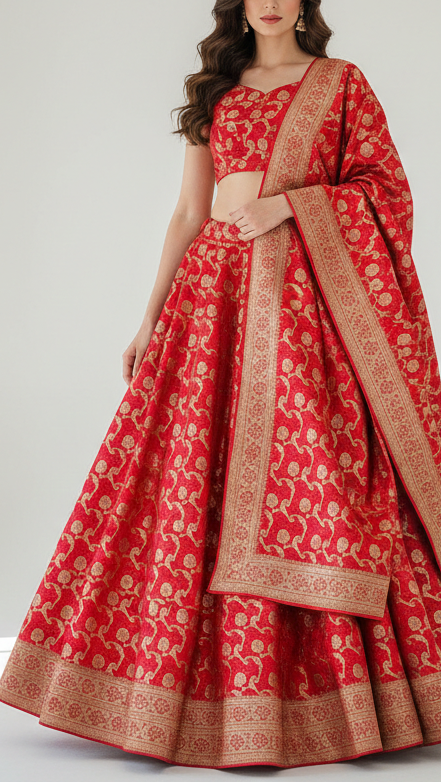 Red Banarasi Brocade Fabric With All Over Thread And Zari Handloom 21275