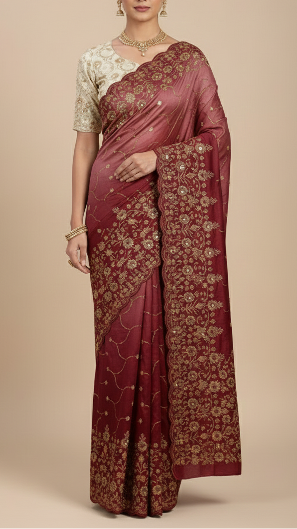 Golden Dyeable Tissue Fabric With All Over Katdana Sequins And Bead Work With One Side Border 20324
